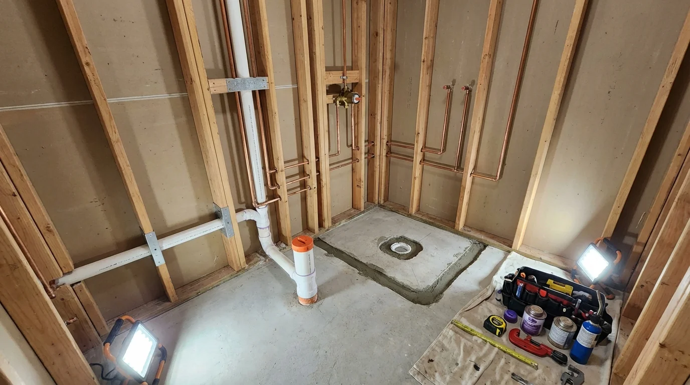 Bathroom rough-in plumbing during remodel by Johns Plumbing LLC in Kilgore