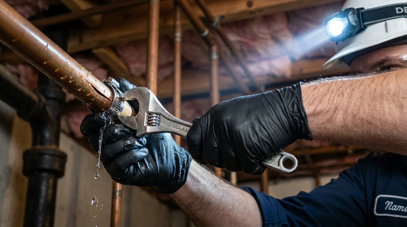 Emergency pipe clamp repair being performed by a Johns Plumbing LLC plumber in Kilgore