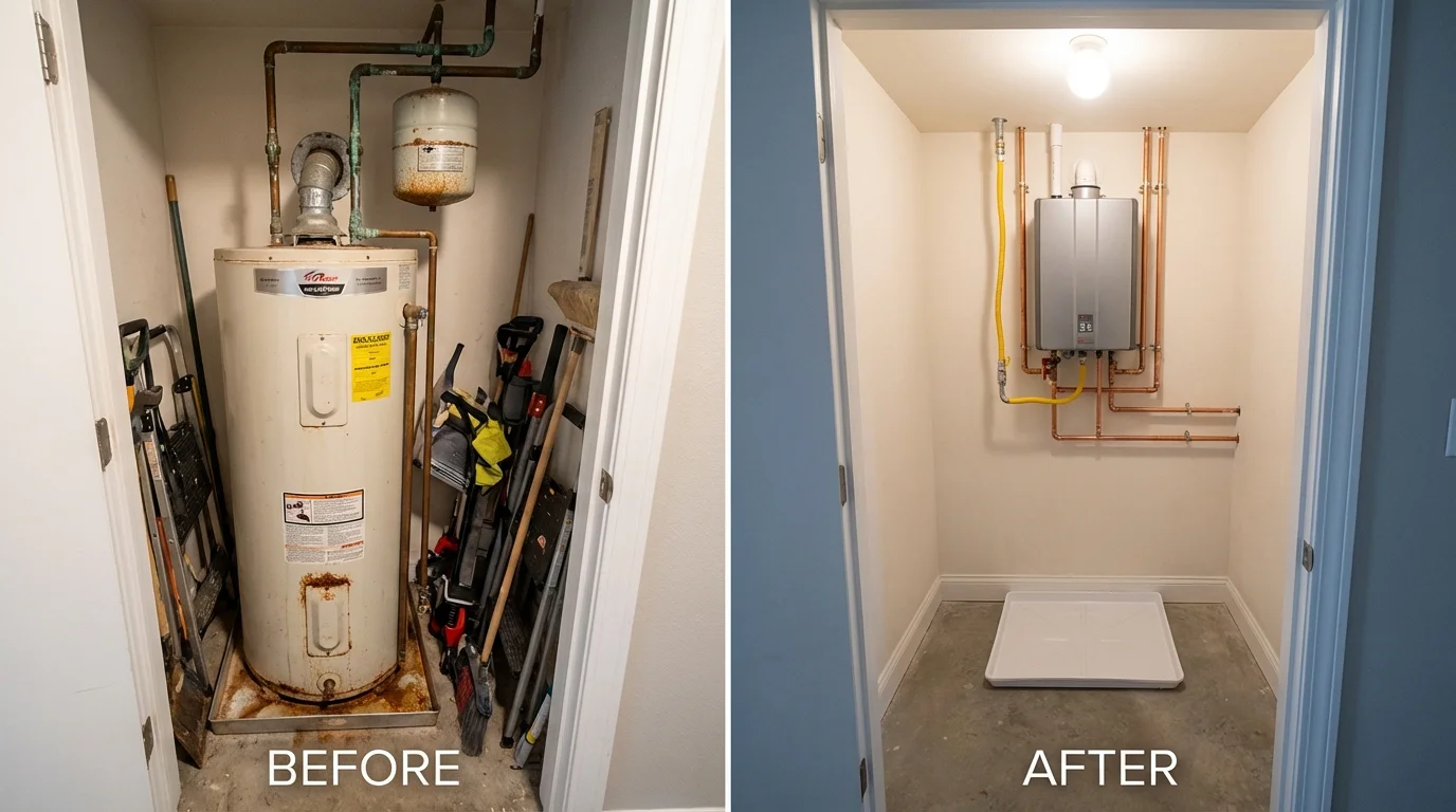 Tank water heater versus wall-mounted tankless unit comparison for Kilgore, TX homeowners