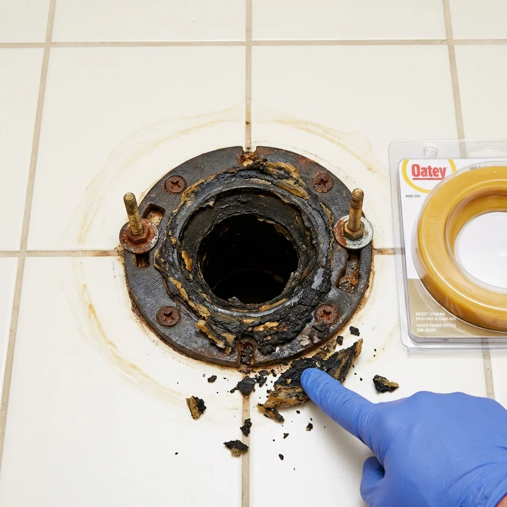 Failed wax ring showing water seepage at the base of a toilet in a Kilgore, TX home