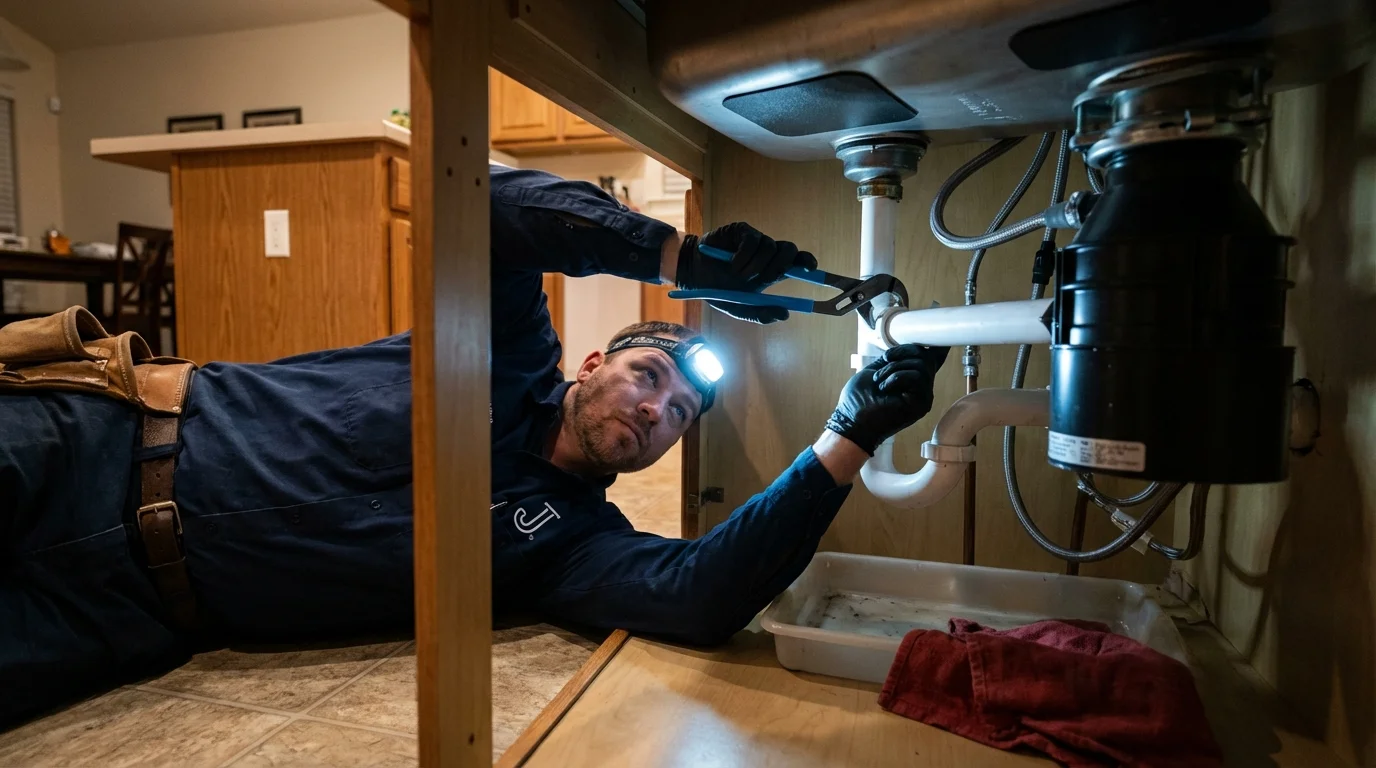 P-trap and supply line connections under a kitchen sink showing a common leak point in Kilgore, TX